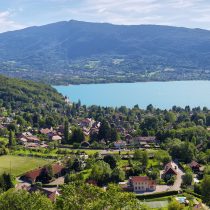 Les Congères Scenic view of mountains and scattering houses from Menthon castle in Haute-Savoie, France